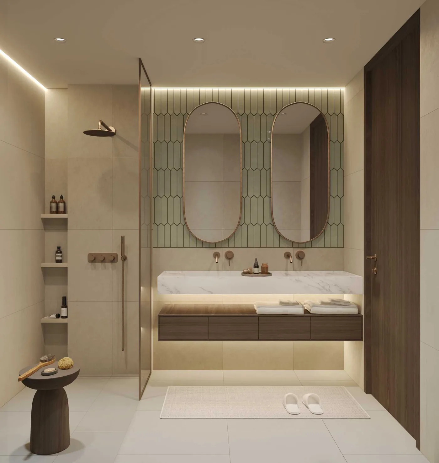 Bathroom detail in a Yas Park Place residence, twin vanity with textured stone tiling