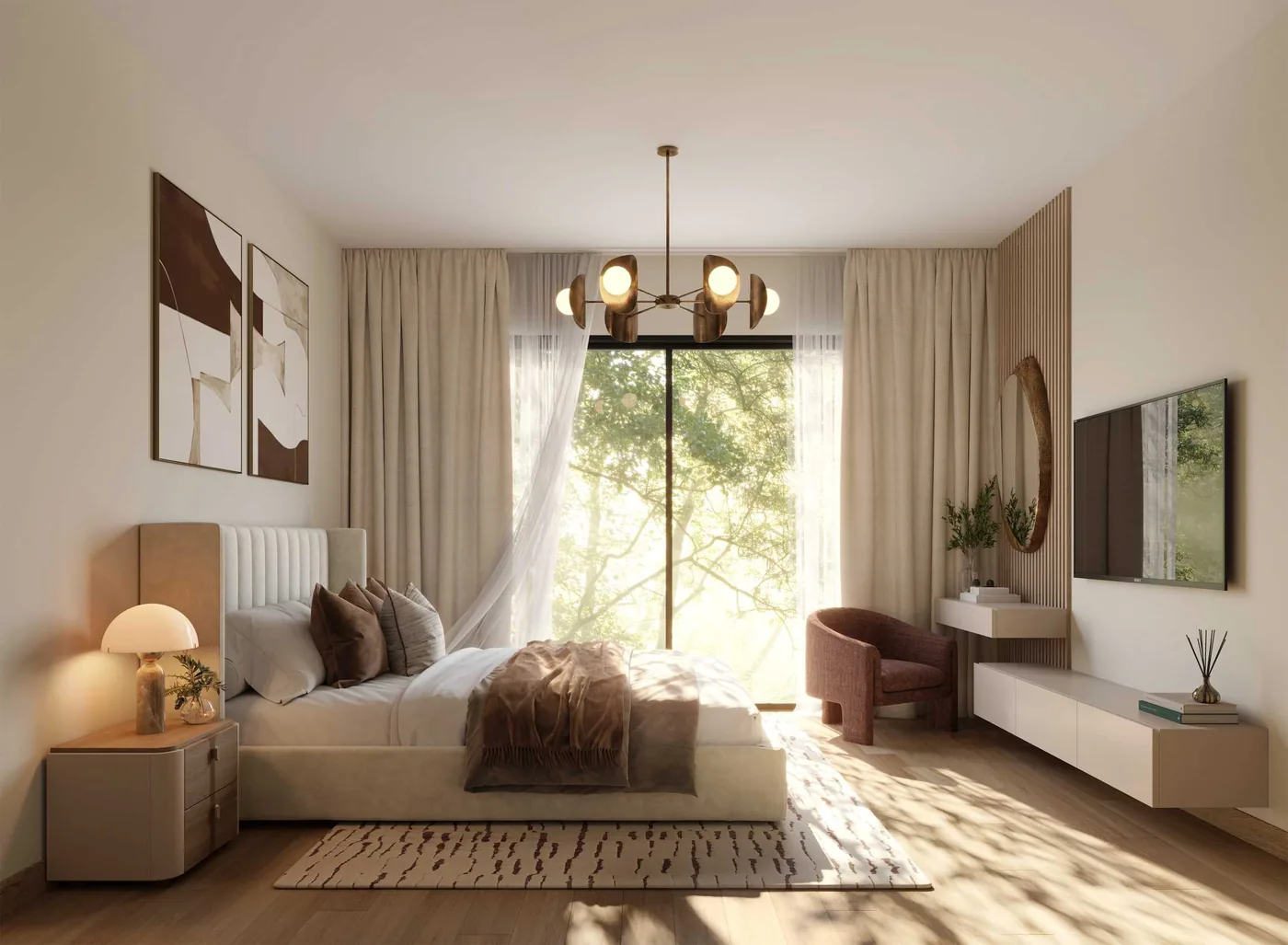 Bedroom in a Yas Park Place residence with green upholstered headboard and sheer curtains onto a planted balcony