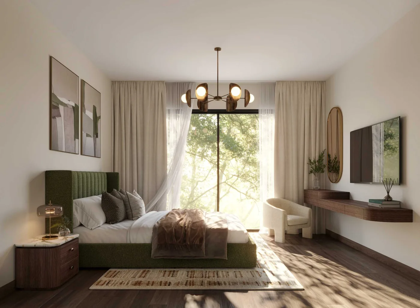 Alternate bedroom styling in a Yas Park Place residence, warm timber tones and layered textiles
