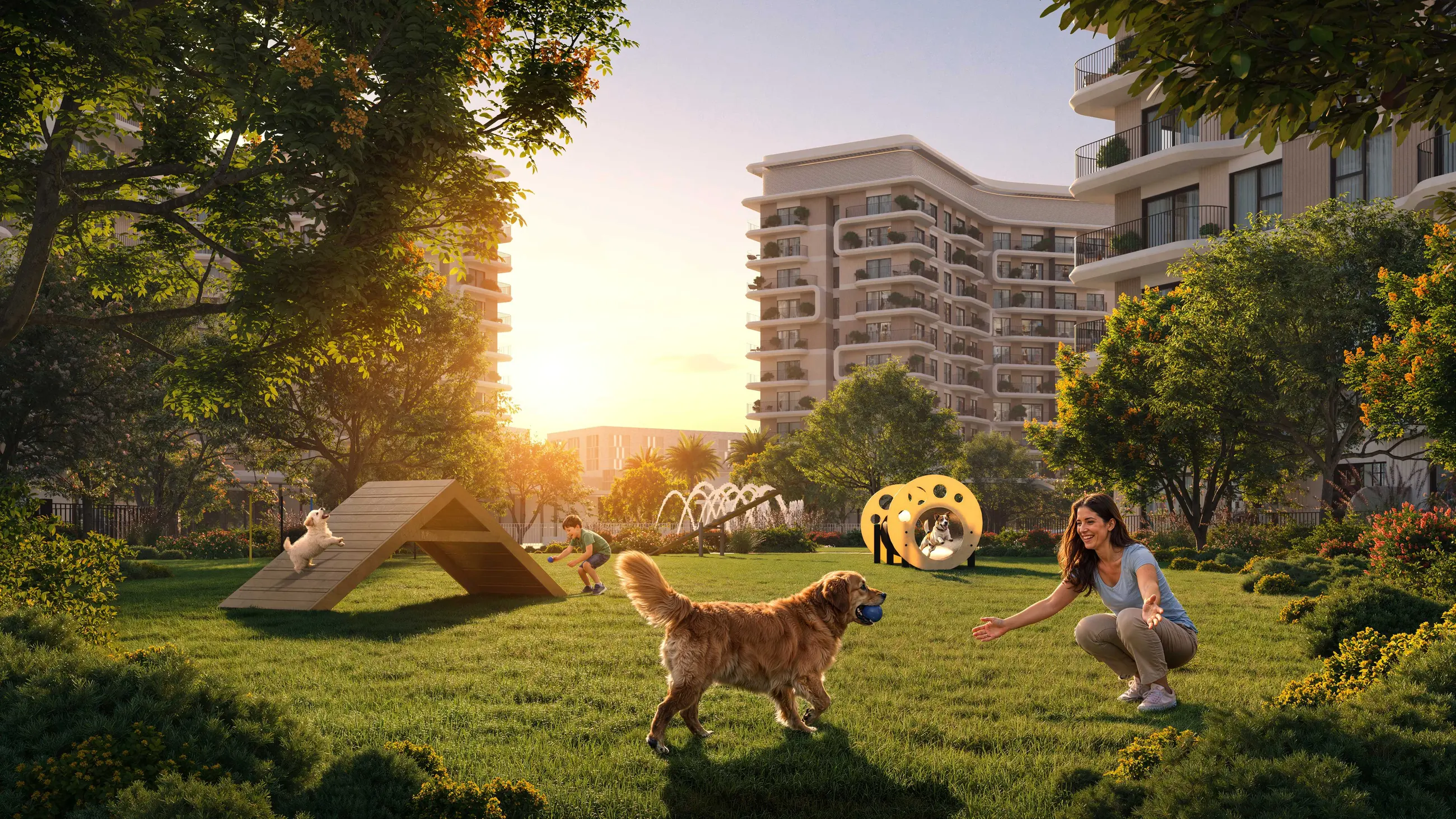 A resident walking a dog through the Yas Park Place dog park at sunset