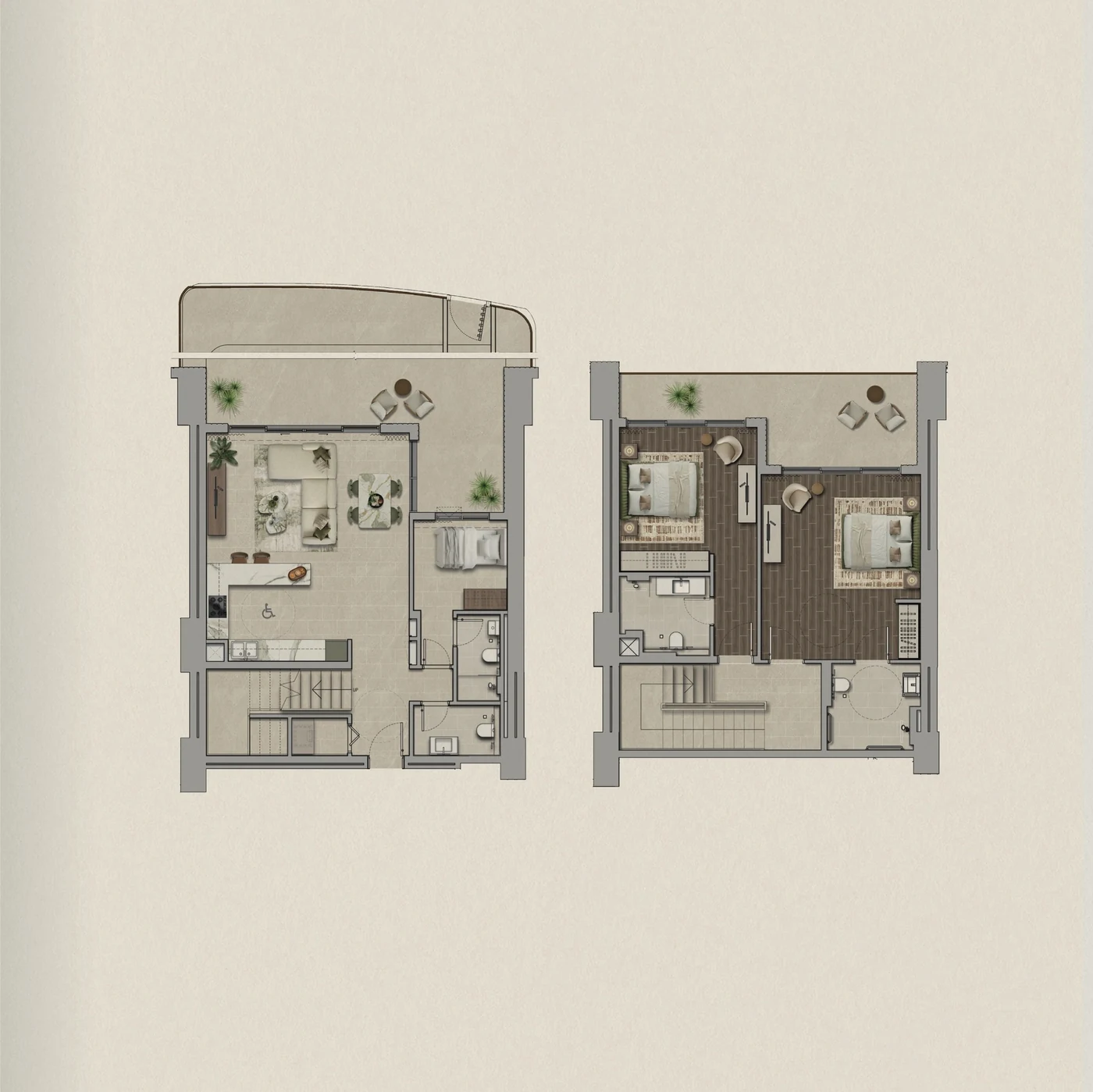 Yas Park Place two-bedroom plus maid duplex residence floor plan across two levels