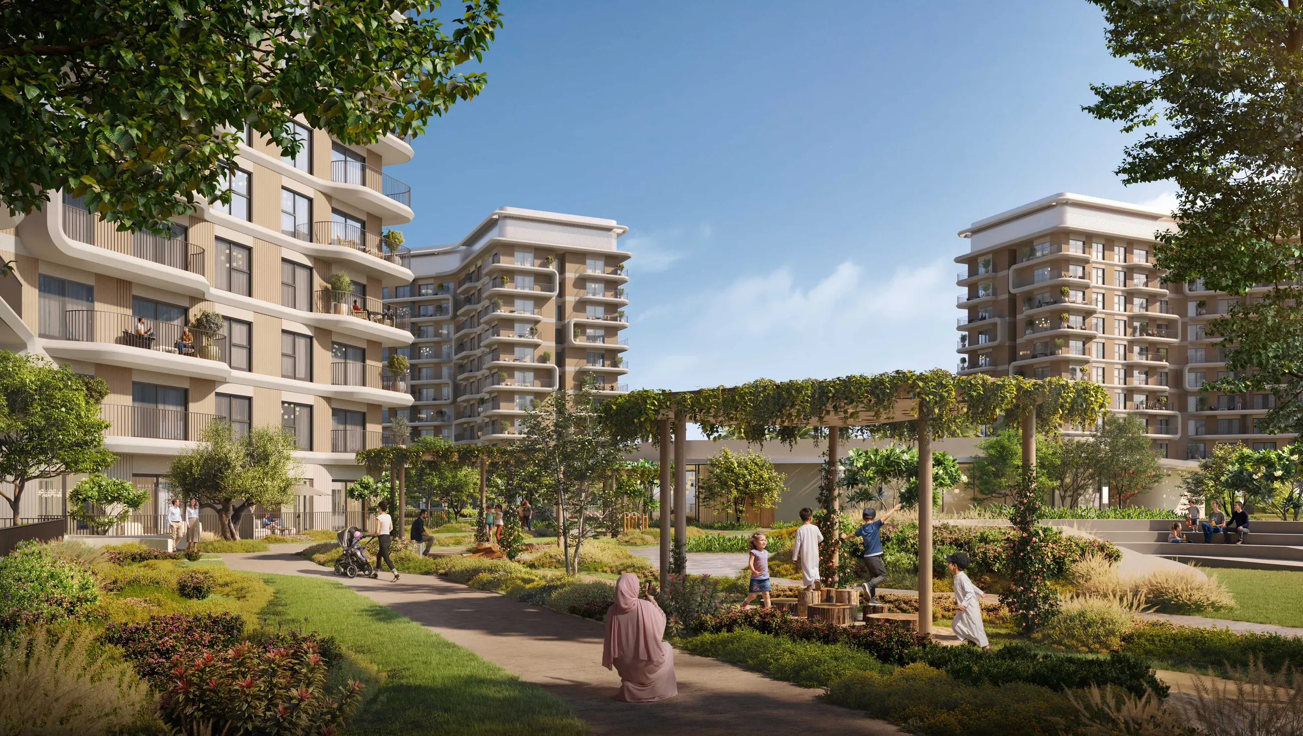 A landscaped garden path beneath a timber pergola between two of the mid-rise residences at Yas Park Place