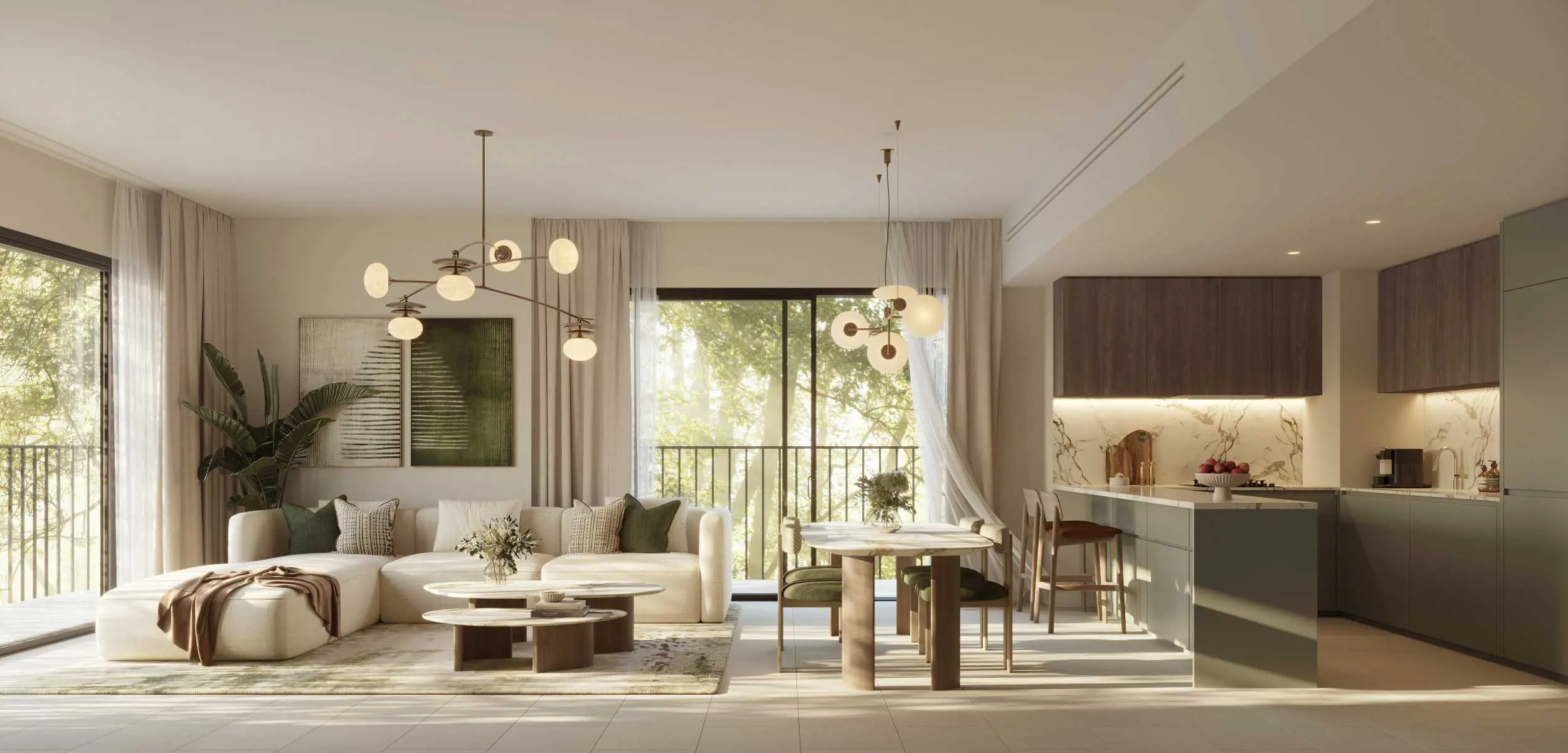 Open living, dining and kitchen space in a Yas Park Place residence, with pale sectional seating and full-height glazing
