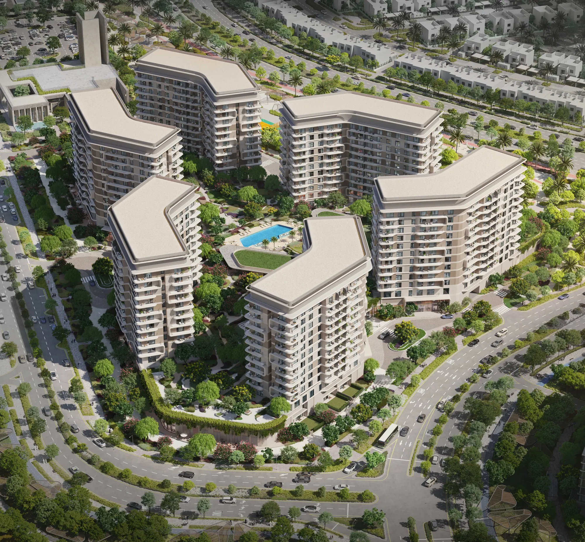 Aerial masterplan view of the six mid-rise buildings at Yas Park Place arranged around the central landscaped garden