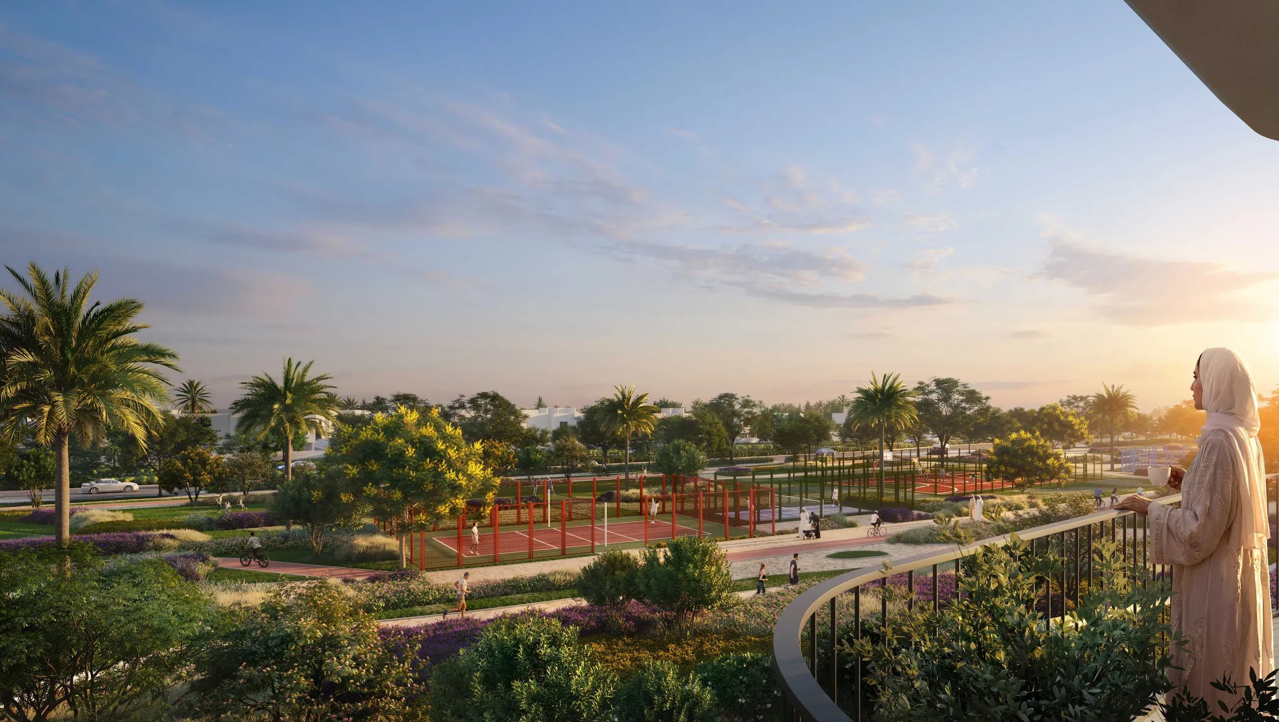 Aerial view of the landscaped wellness gardens at the centre of the Yas Park Place community
